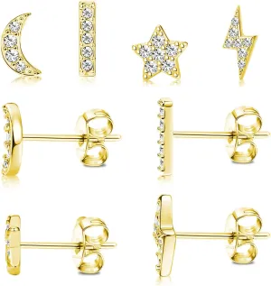 14K Gold Plated Sterling Silver Post Moon Star CZ Stud Earrings Set - Hypoallergenic, Tiny, 3 Pairs Cubic Zirconia Earrings for Women