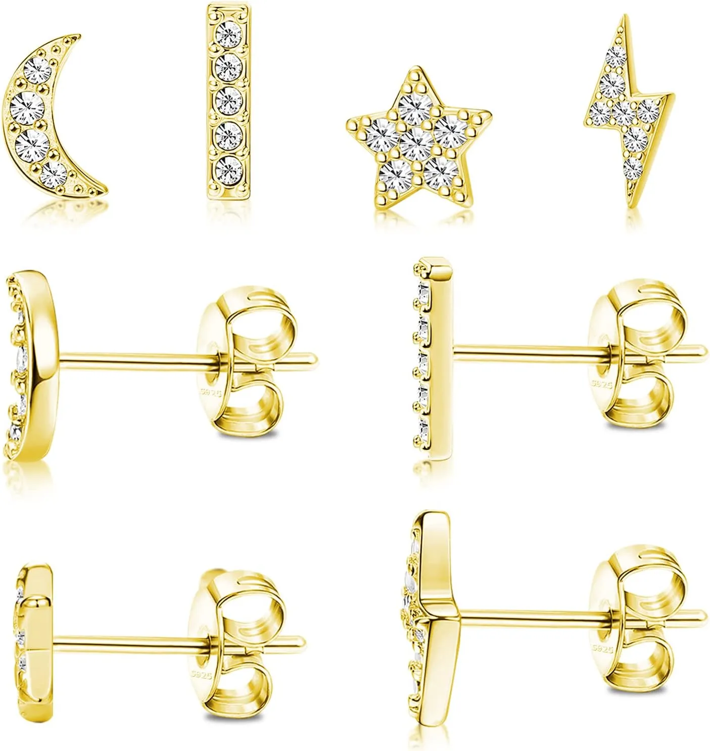 14K Gold Plated Sterling Silver Post Moon Star CZ Stud Earrings Set - Hypoallergenic, Tiny, 3 Pairs Cubic Zirconia Earrings for Women