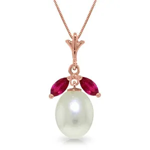 14K Solid Rose Gold Necklace w/ Natural Pearl & Rubies