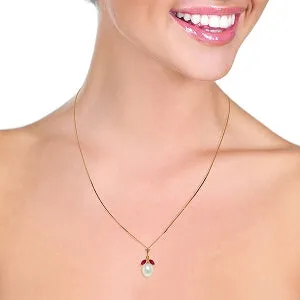 14K Solid Rose Gold Necklace w/ Natural Pearl & Rubies