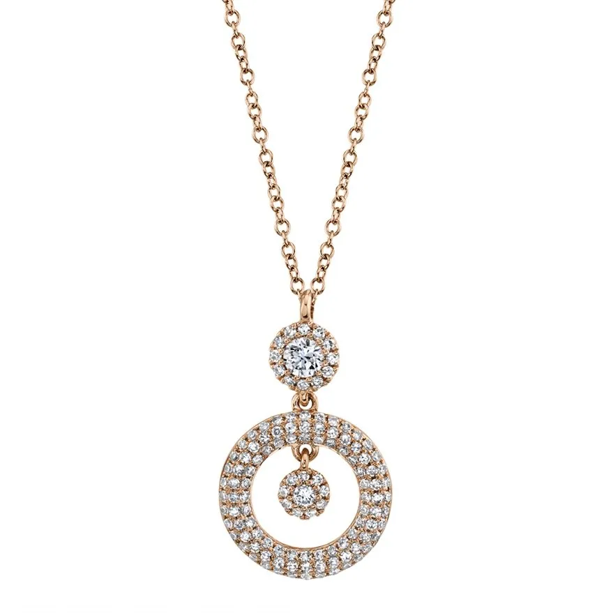 14KT GOLD 0.39 CTW DIAMOND DOUBLE ROUND HALO DROP NECKLACE