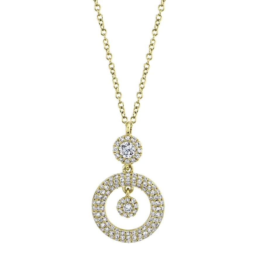 14KT GOLD 0.39 CTW DIAMOND DOUBLE ROUND HALO DROP NECKLACE