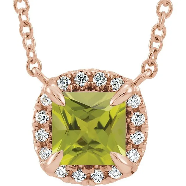 14KT GOLD 0.40 CT PERIDOT & .06 CTW DIAMOND HALO NECKLACE