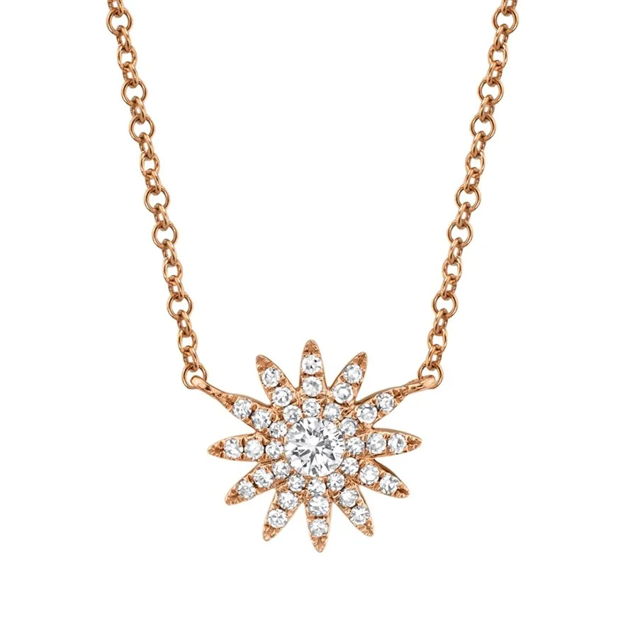 14KT GOLD .15 CTW DIAMOND SUN BURST PAVE NECKLACE