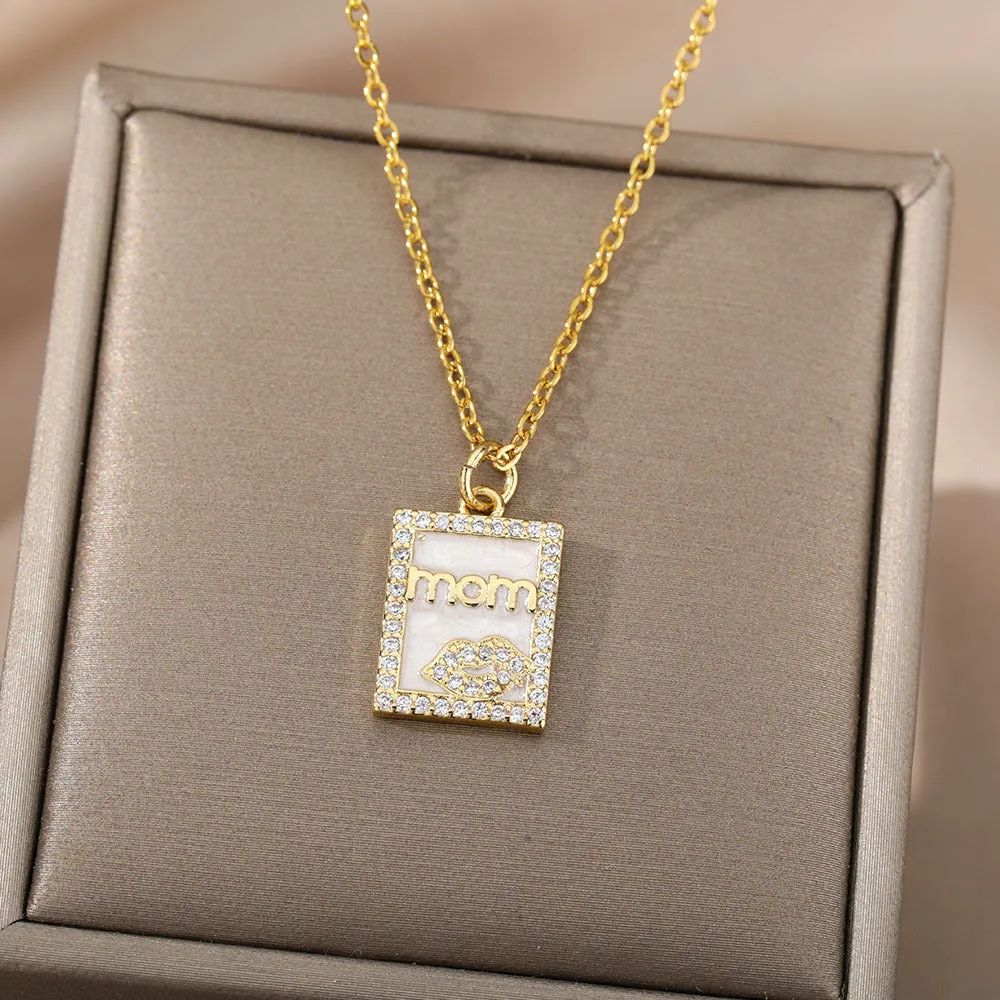 18k Copper Zircon Mom Square Pendant Necklace