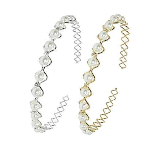 2 PCS Bridal Headband Pearl Headband Artificial Pearl Headband Wedding Hair Ornament For Women And Girls Accessories Gold and Silver