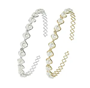 2 PCS Bridal Headband Pearl Headband Artificial Pearl Headband Wedding Hair Ornament For Women And Girls Accessories Gold and Silver