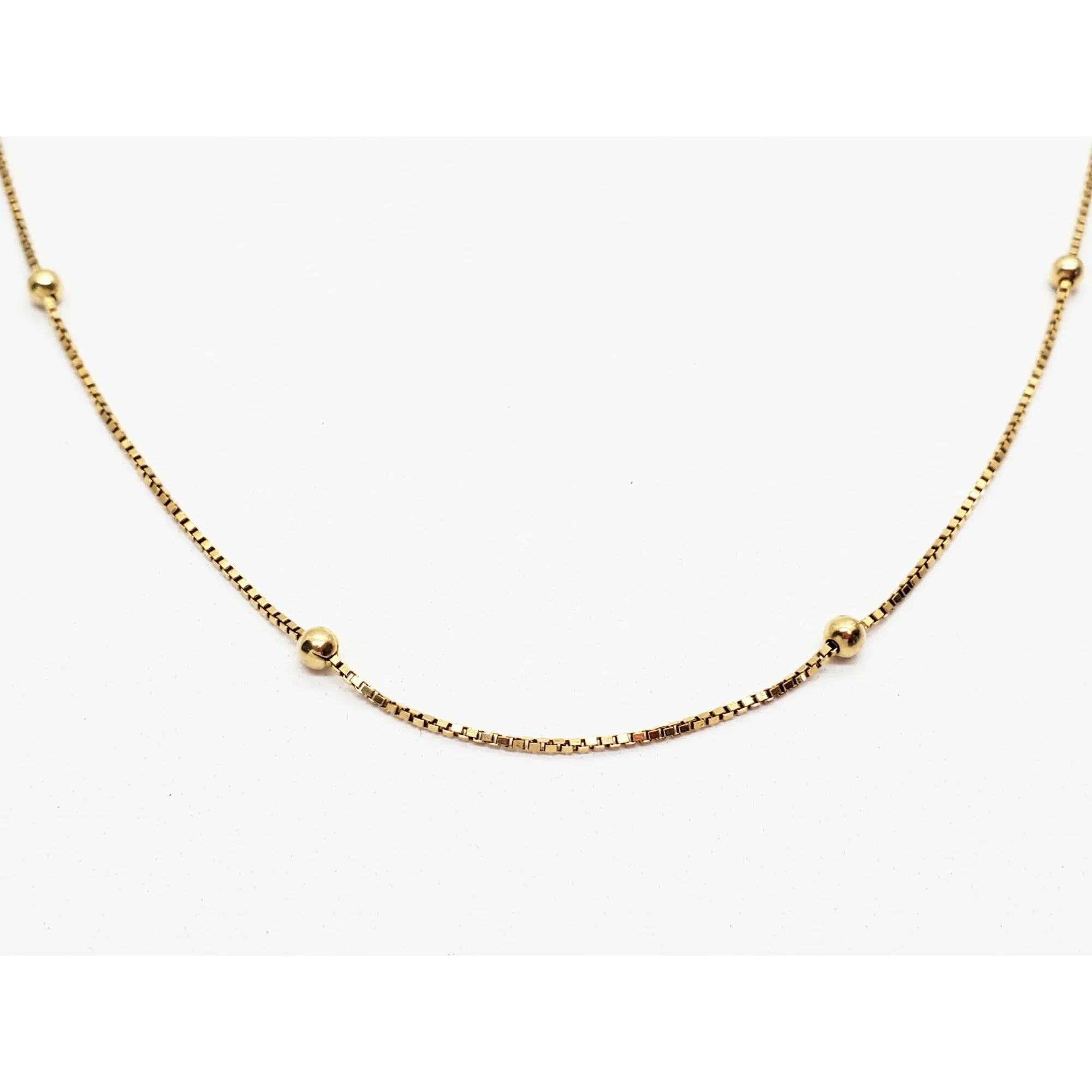 3.4mm Bead Station Thin Box Chain Necklace 14k Gold 24" Long