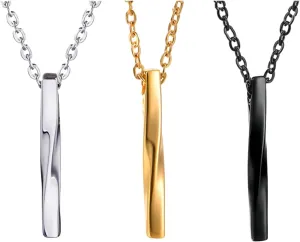 3Pack Set Stainless Steel Spiral Bar Pendant Chain Necklace for Men Women,Black Silver Gold Titanium Steel Geometry Twisted Vertical Bar Pendant Charm Necklaces for Man Woman,24inch Chain