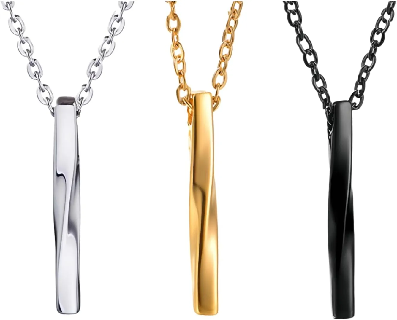 3Pack Set Stainless Steel Spiral Bar Pendant Chain Necklace for Men Women,Black Silver Gold Titanium Steel Geometry Twisted Vertical Bar Pendant Charm Necklaces for Man Woman,24inch Chain