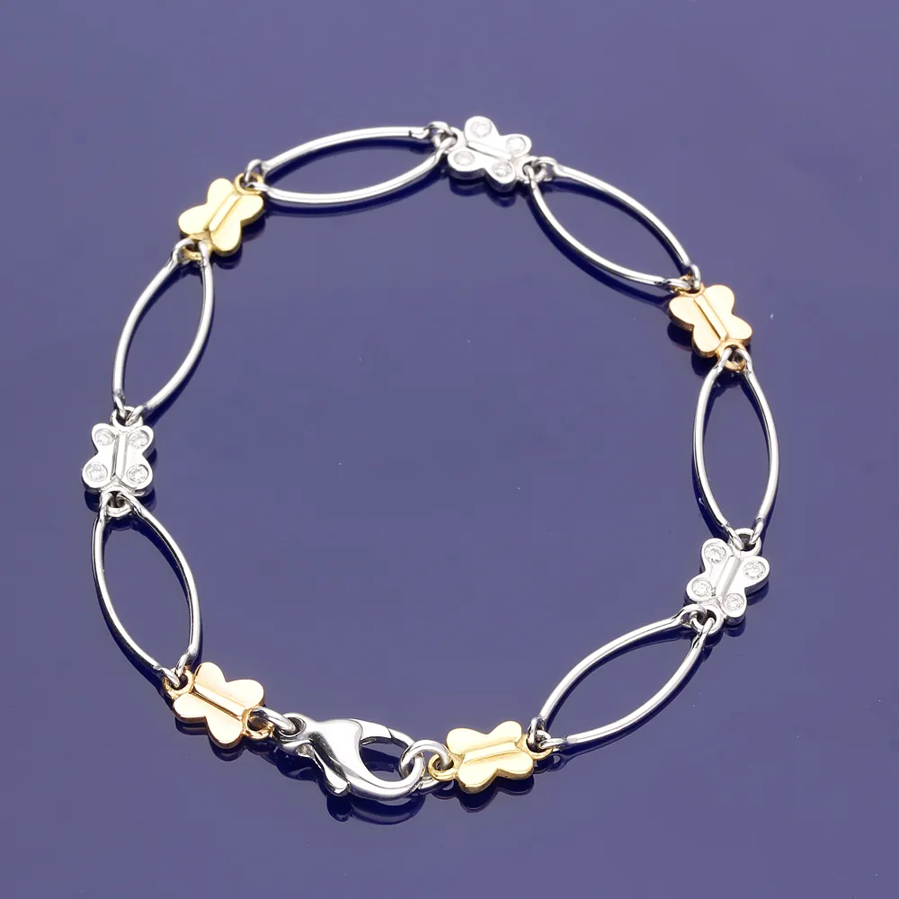 9ct Yellow, Rose & White Gold Butterfly & Oval Link Bracelet