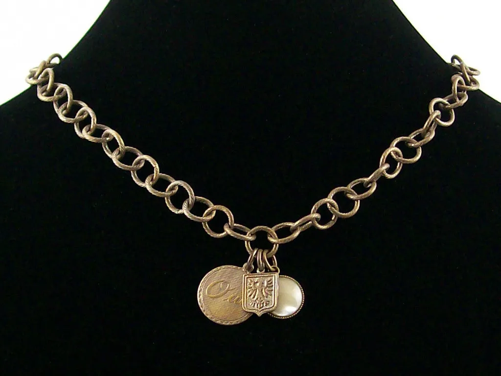 Antiqued Chain with stampings and mother of pearl cabochon (Web-150)