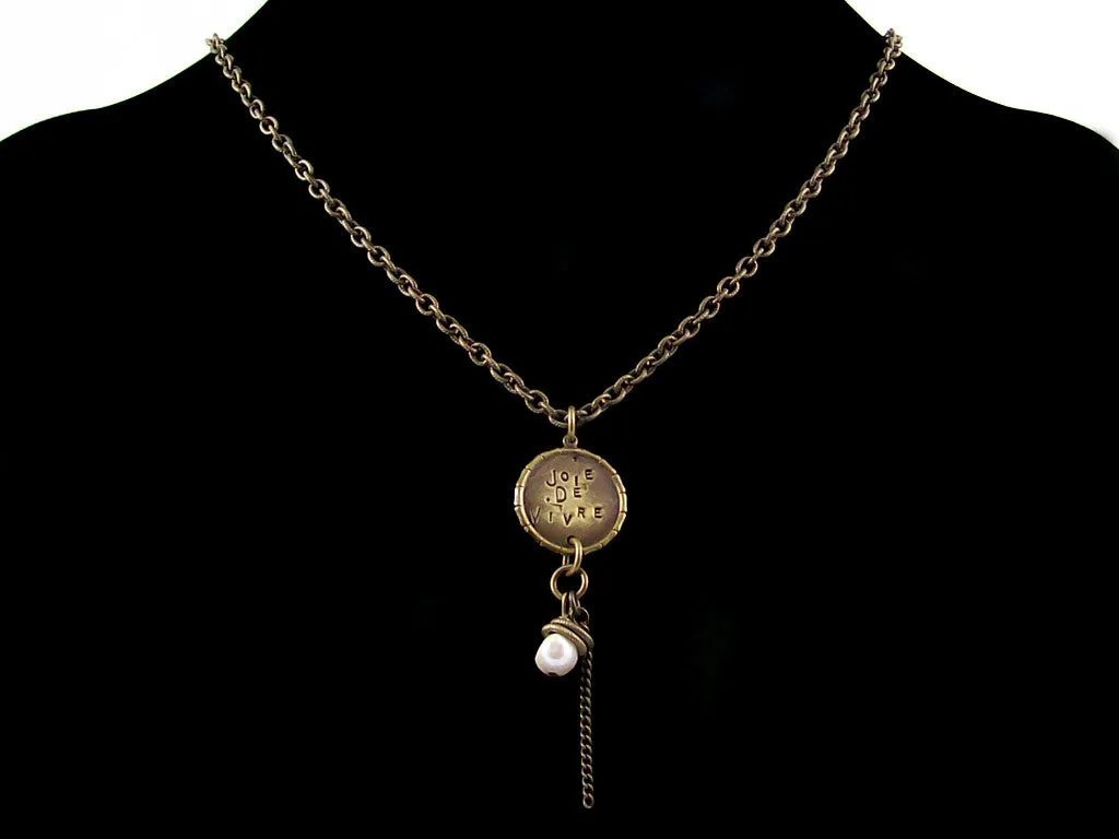 Antiqued small etched oval chain with hand-stamped medallion & pearl drop (Web-159)