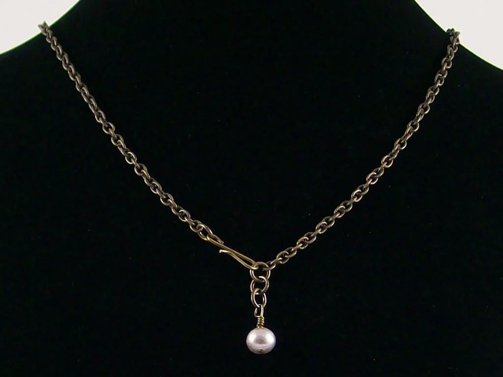 Antiqued small etched oval chain with hand-stamped medallion & pearl drop (Web-159)
