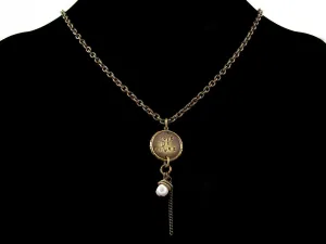 Antiqued small etched oval chain with hand-stamped medallion & pearl drop (Web-159)