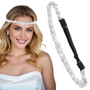 Aprince Rhinestone Headband Women, Silver Rhinestone Headpiece, Adjustable Crystal Headbands for Women, Bling Diamond Headband, Thin Elastic Headbands Sparkly, 70s Silver Diamond Head Piece