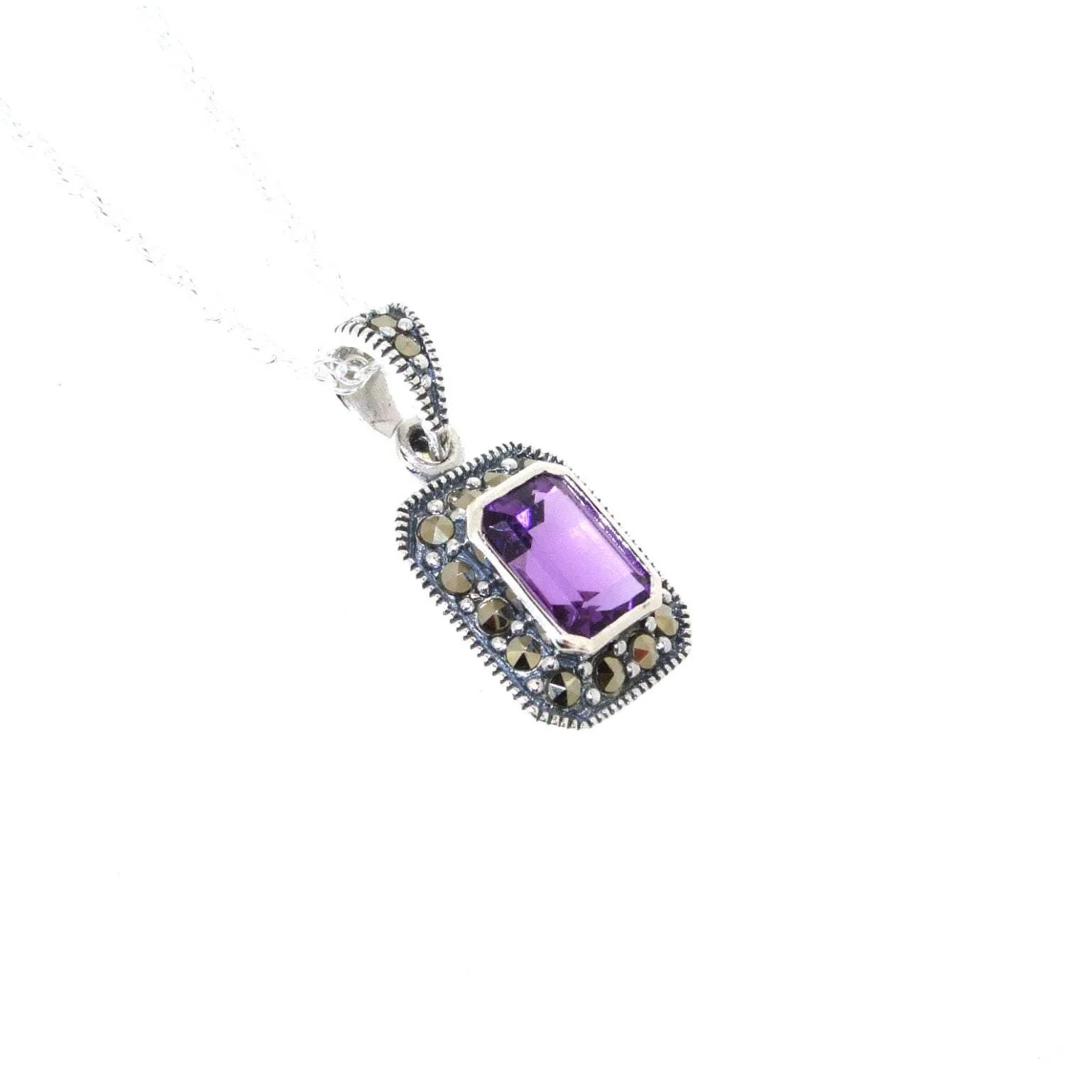 Art Deco Amethyst Pendant Necklace Silver Marcasite Square Purple Crystal