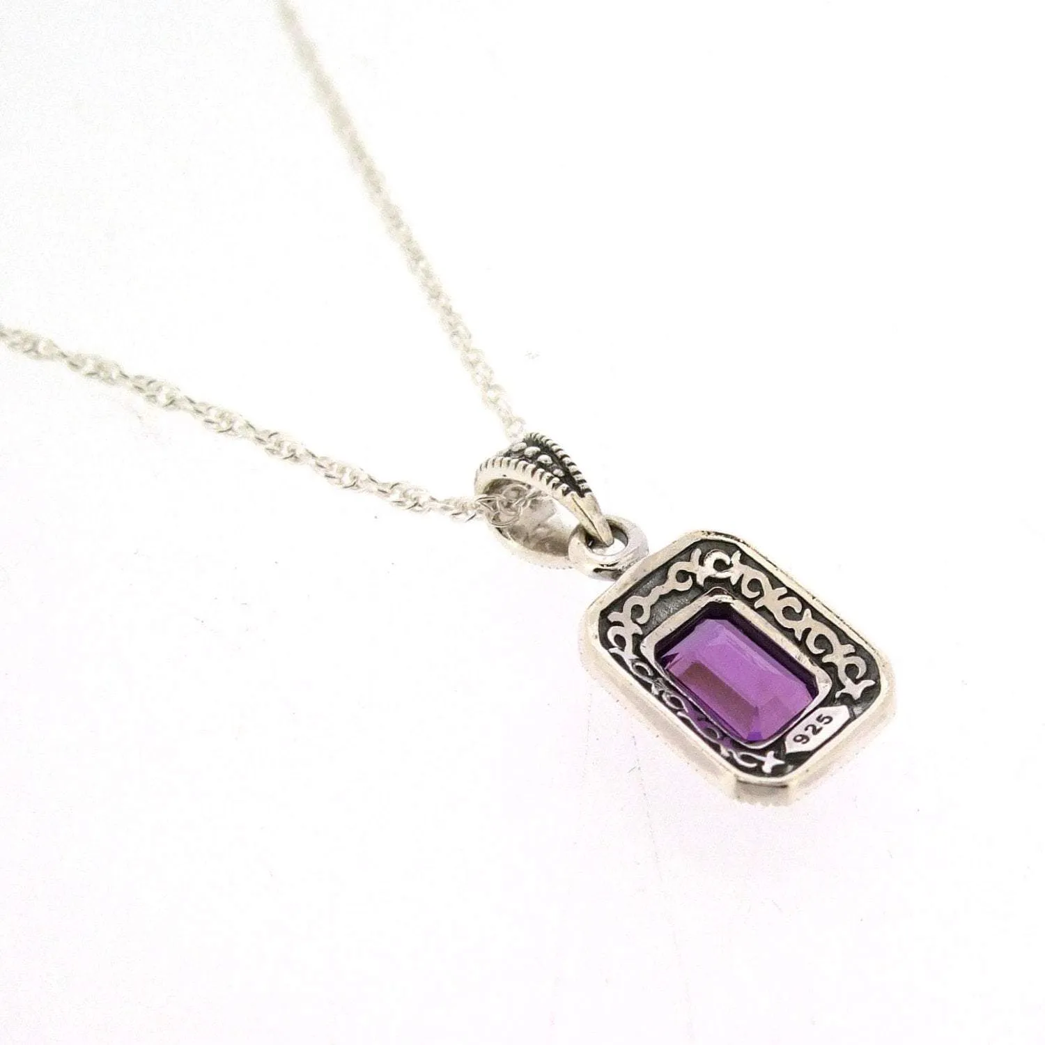 Art Deco Amethyst Pendant Necklace Silver Marcasite Square Purple Crystal