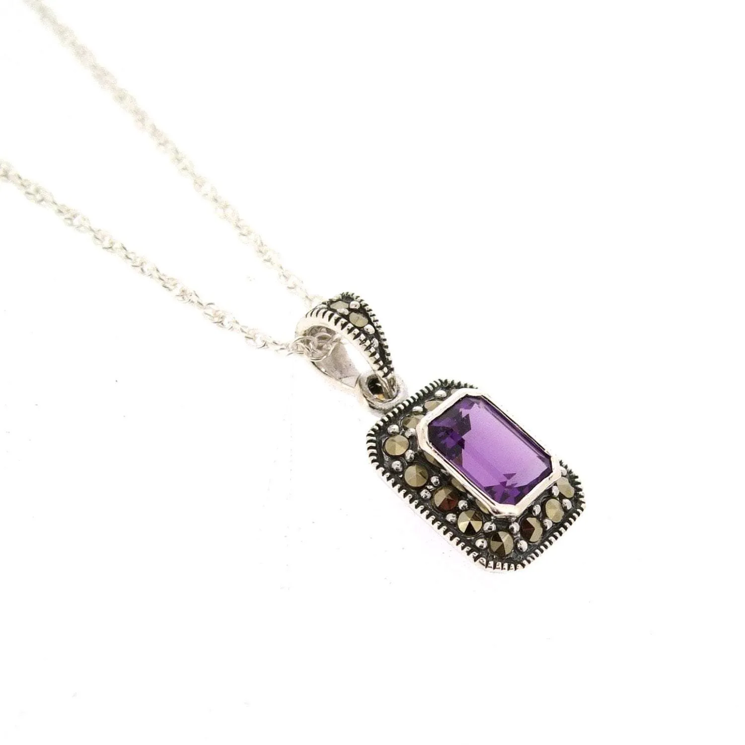 Art Deco Amethyst Pendant Necklace Silver Marcasite Square Purple Crystal