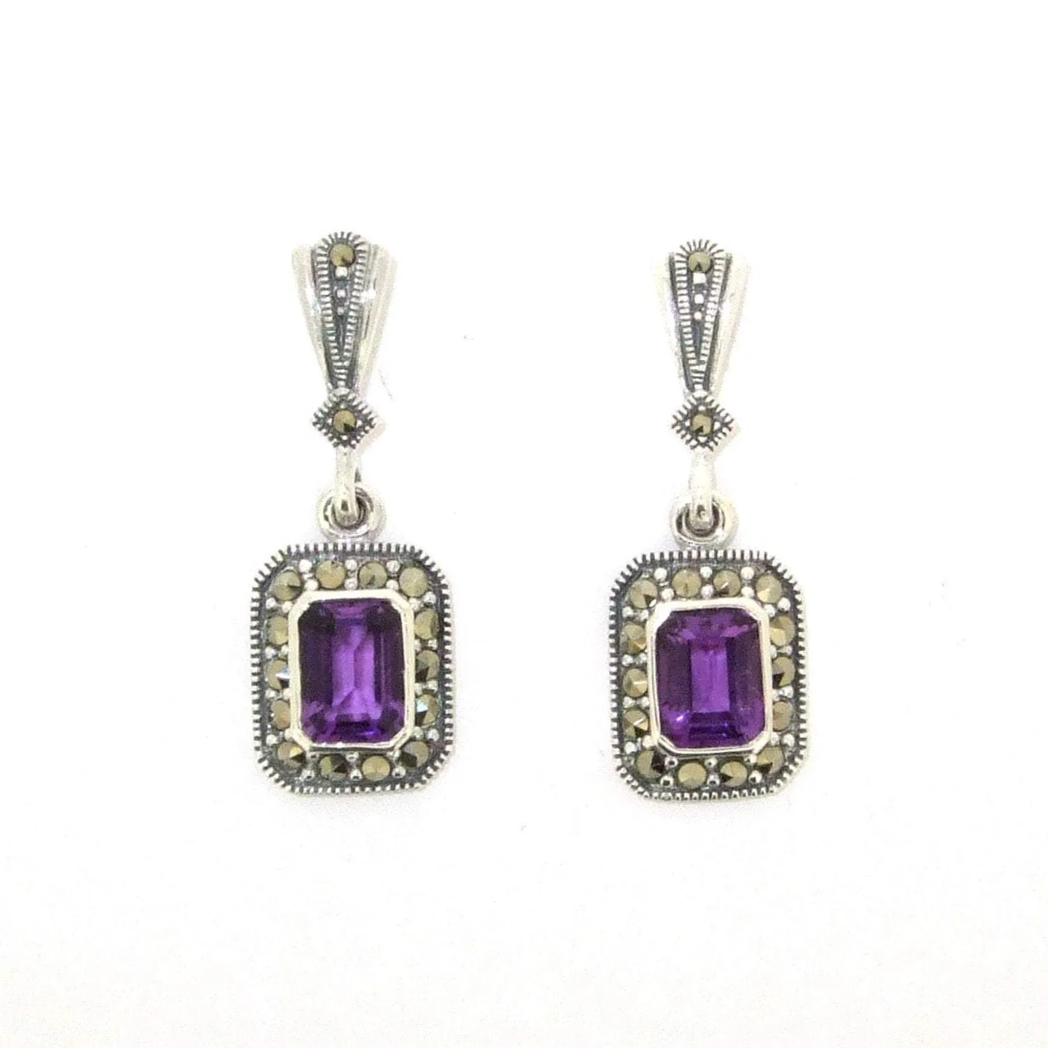 Art Deco Amethyst Pendant Necklace Silver Marcasite Square Purple Crystal