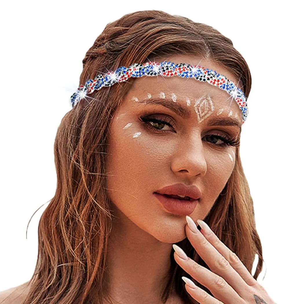 Barode Rhinestone Headband Multicolors Head Chain Jewelry Sparkle Elastic Hairband Forehead Crystal Braided Bands for Women