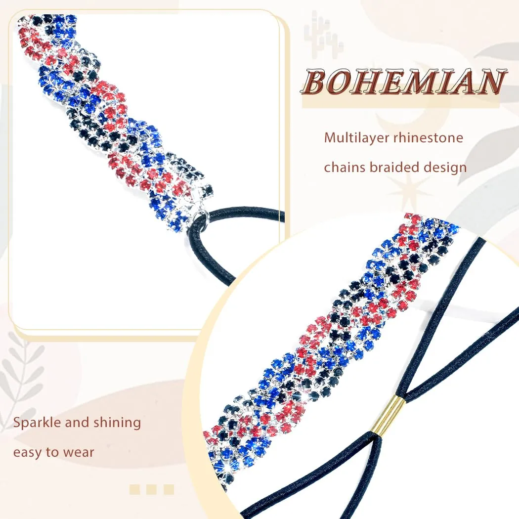 Barode Rhinestone Headband Multicolors Head Chain Jewelry Sparkle Elastic Hairband Forehead Crystal Braided Bands for Women