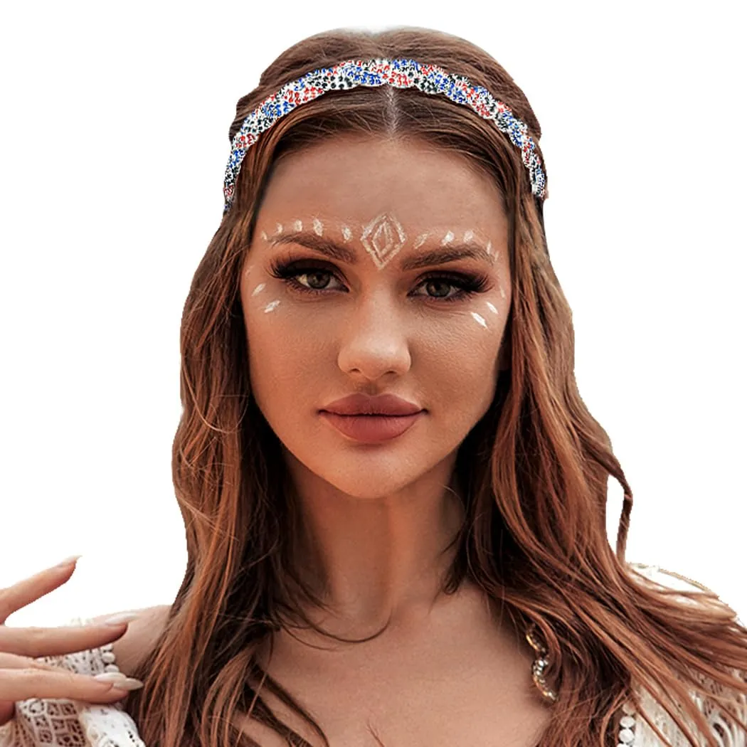 Barode Rhinestone Headband Multicolors Head Chain Jewelry Sparkle Elastic Hairband Forehead Crystal Braided Bands for Women