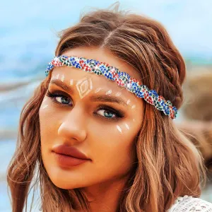 Barode Rhinestone Headband Multicolors Head Chain Jewelry Sparkle Elastic Hairband Forehead Crystal Braided Bands for Women