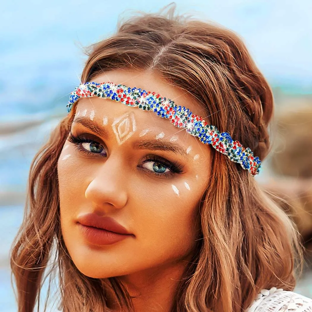 Barode Rhinestone Headband Multicolors Head Chain Jewelry Sparkle Elastic Hairband Forehead Crystal Braided Bands for Women