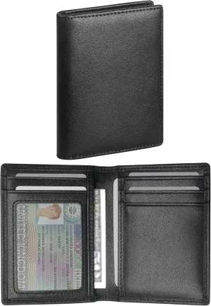Bifold Slim Men Wallet Genuine Leather Thin, Fit 6-8 Cards, Several Cash (Fold Once), Small Vertical RFID Blocking Wallets for Men -Black