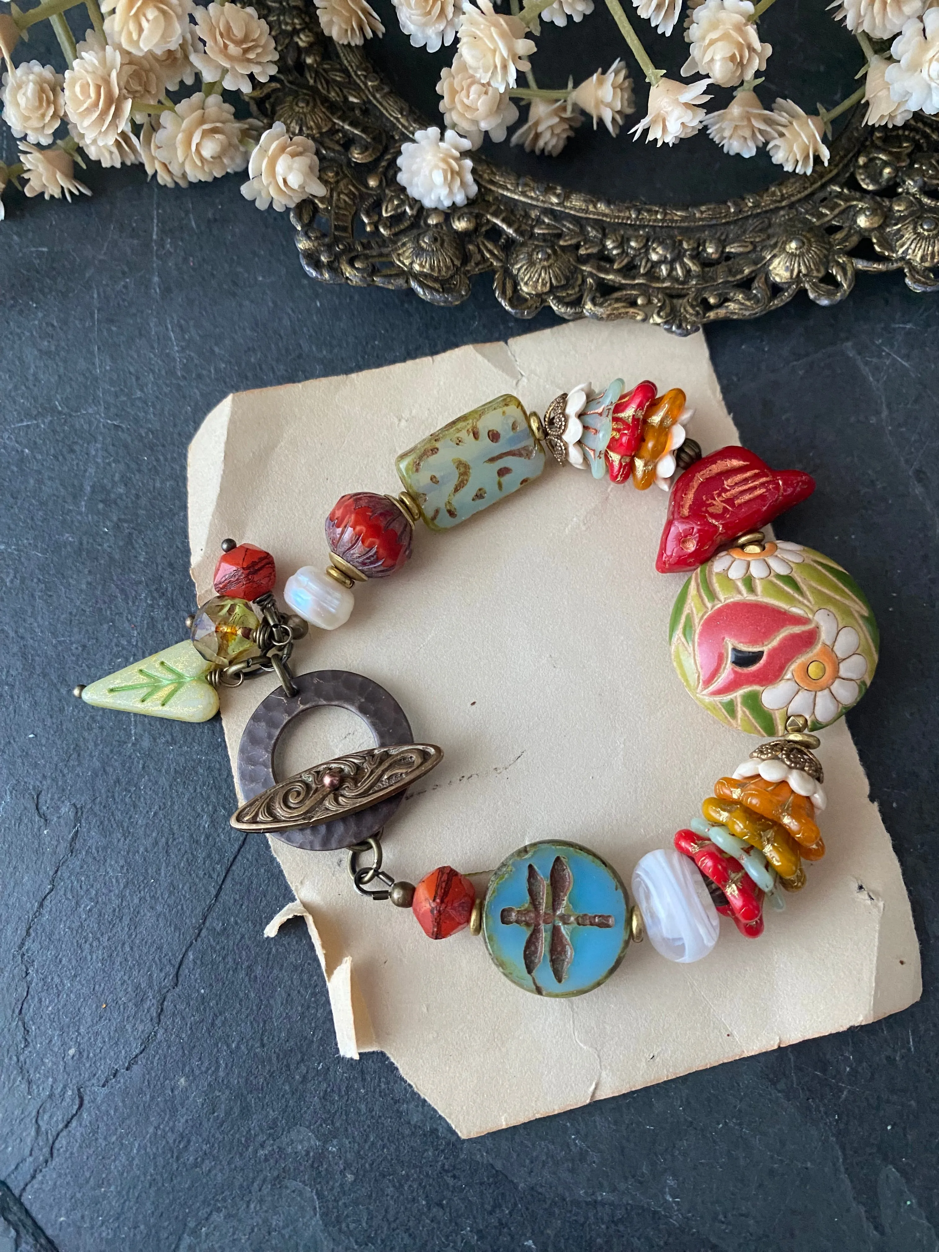 Czech glass, lampwork glass, ceramic, flower, dragonfly, bracelet, jewelry