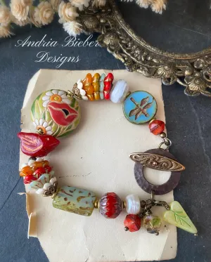 Czech glass, lampwork glass, ceramic, flower, dragonfly, bracelet, jewelry