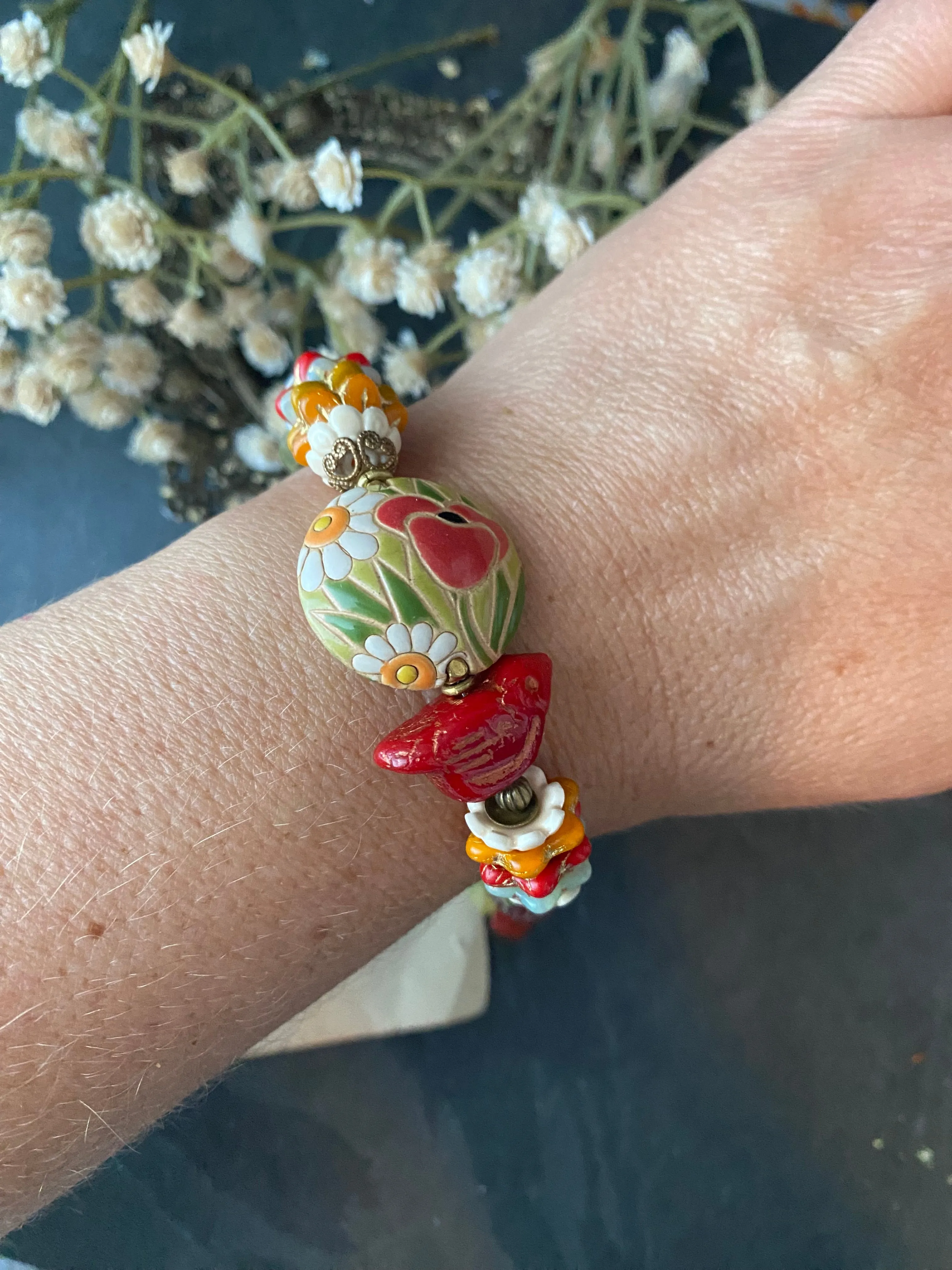 Czech glass, lampwork glass, ceramic, flower, dragonfly, bracelet, jewelry