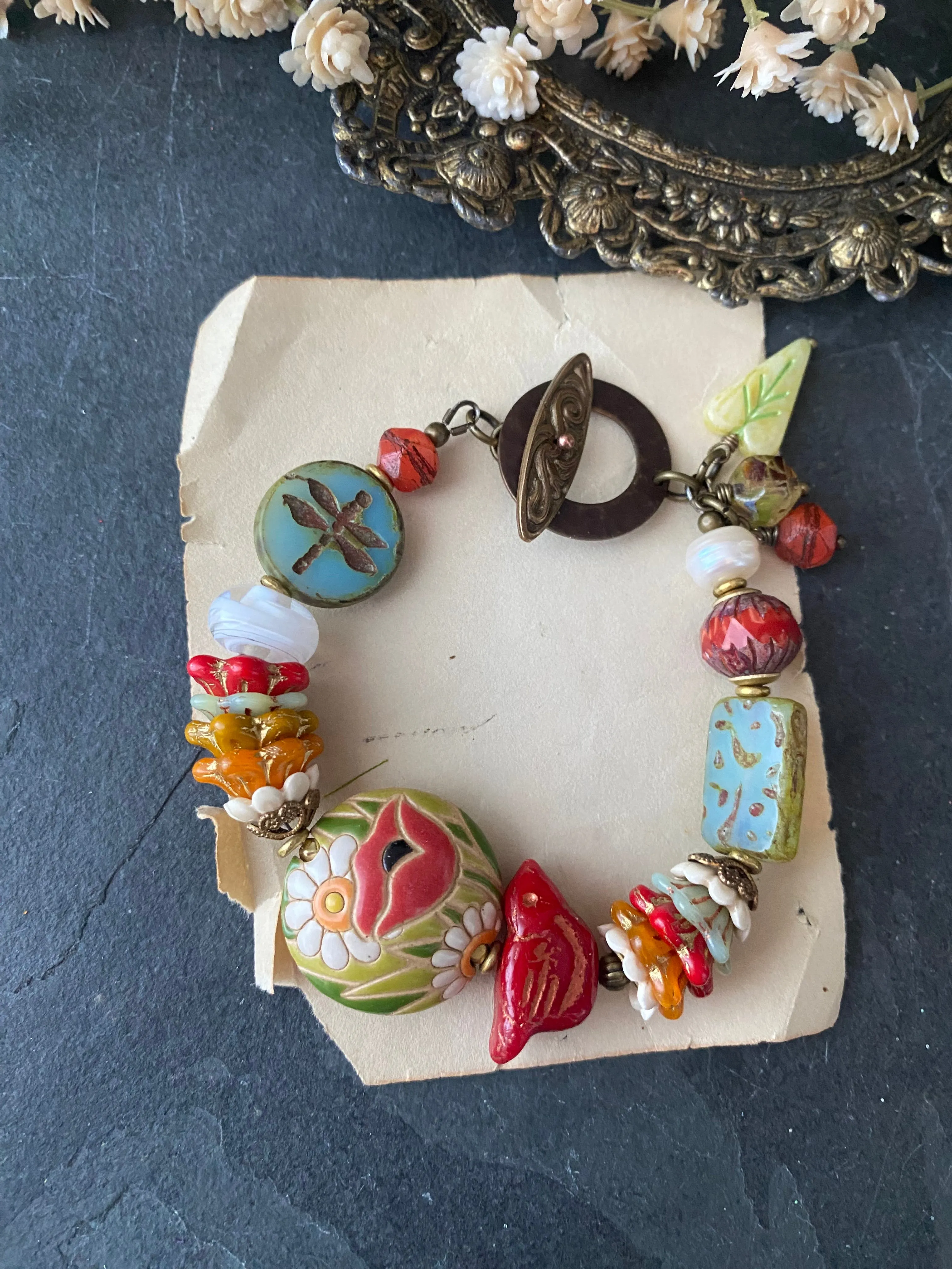 Czech glass, lampwork glass, ceramic, flower, dragonfly, bracelet, jewelry