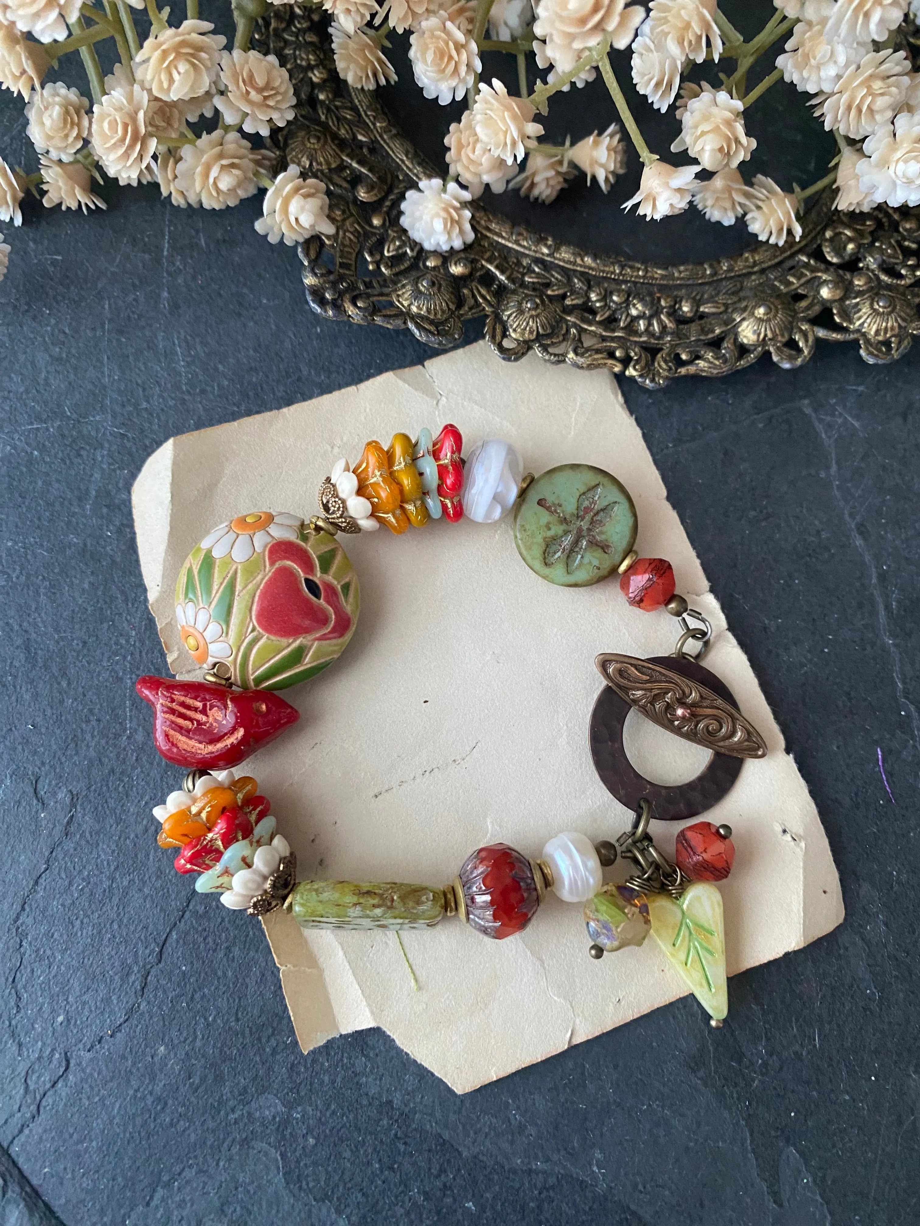 Czech glass, lampwork glass, ceramic, flower, dragonfly, bracelet, jewelry