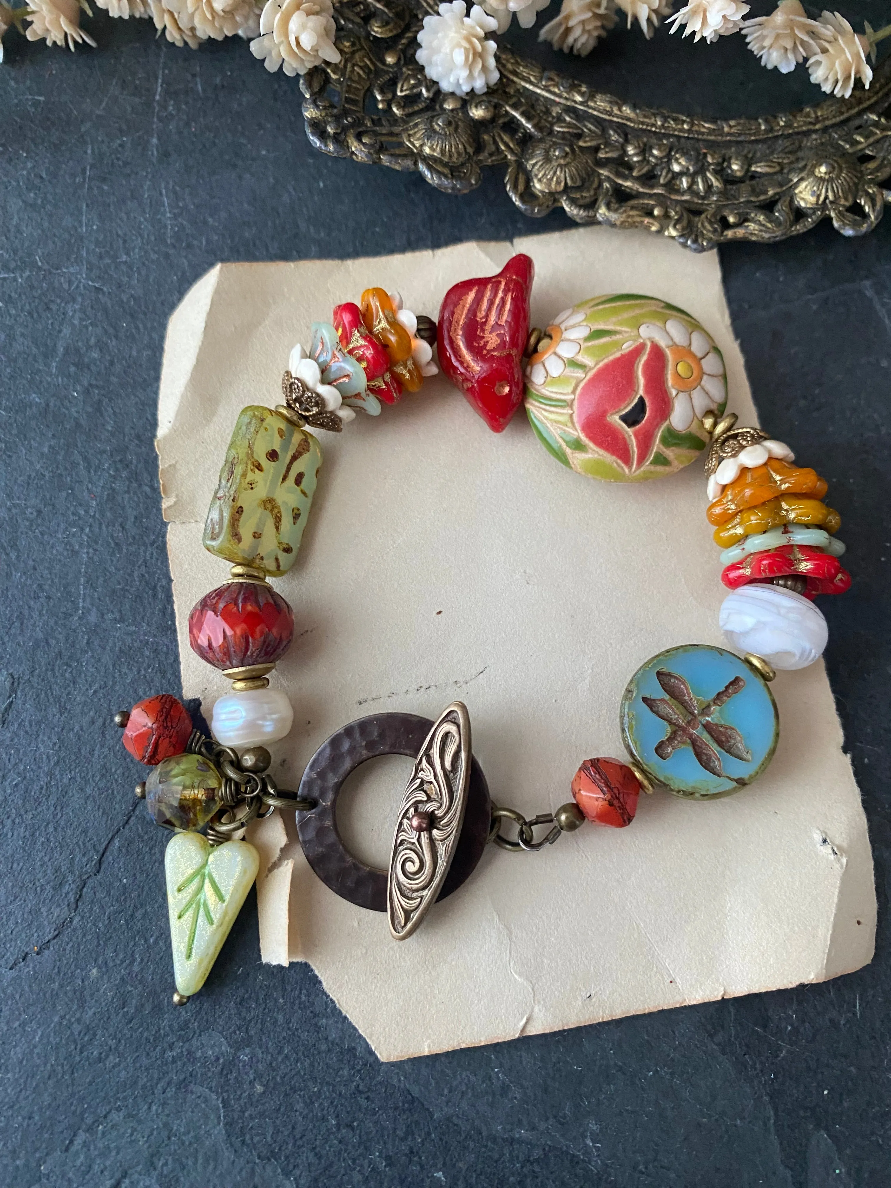 Czech glass, lampwork glass, ceramic, flower, dragonfly, bracelet, jewelry
