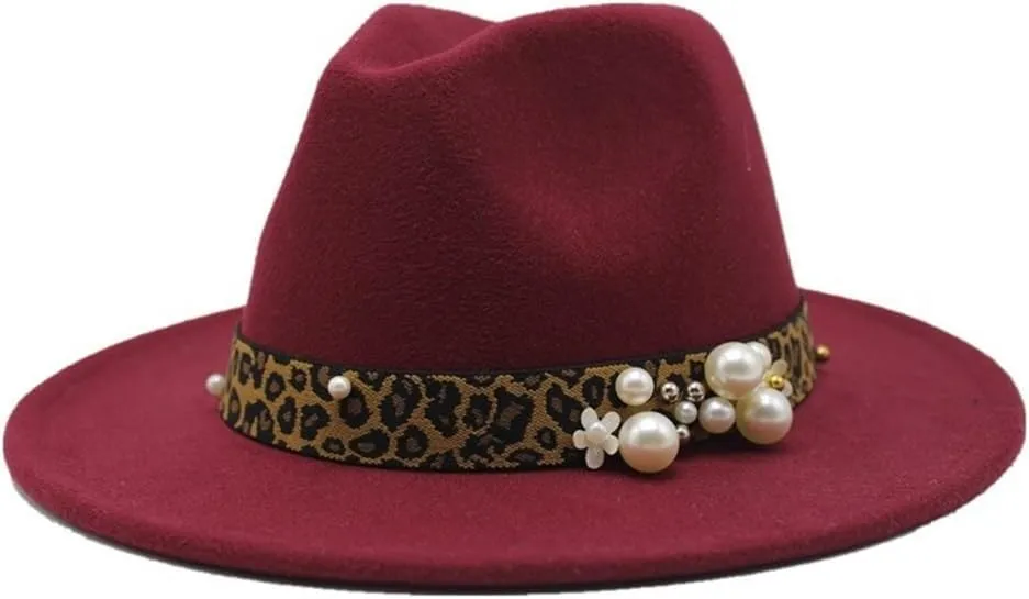 DHAEY Fashion Leopard Texture Pearl Wool Hat Men and Women Jazz Hat Autumn and Winter Versatile Felt Hat Flat Brim Hat with Leopard Belt Luopan Caps & Hats (Color : Claret, Size : 56-58cm)