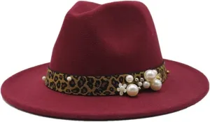 DHAEY Fashion Leopard Texture Pearl Wool Hat Men and Women Jazz Hat Autumn and Winter Versatile Felt Hat Flat Brim Hat with Leopard Belt Luopan Caps & Hats (Color : Claret, Size : 56-58cm)