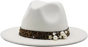 DHAEY Fashion Leopard Texture Pearl Wool Hat Men and Women Jazz Hat Autumn and Winter Versatile Felt Hat Flat Brim Hat with Leopard Belt Luopan Caps & Hats (Color : White, Size : 59-61cm)