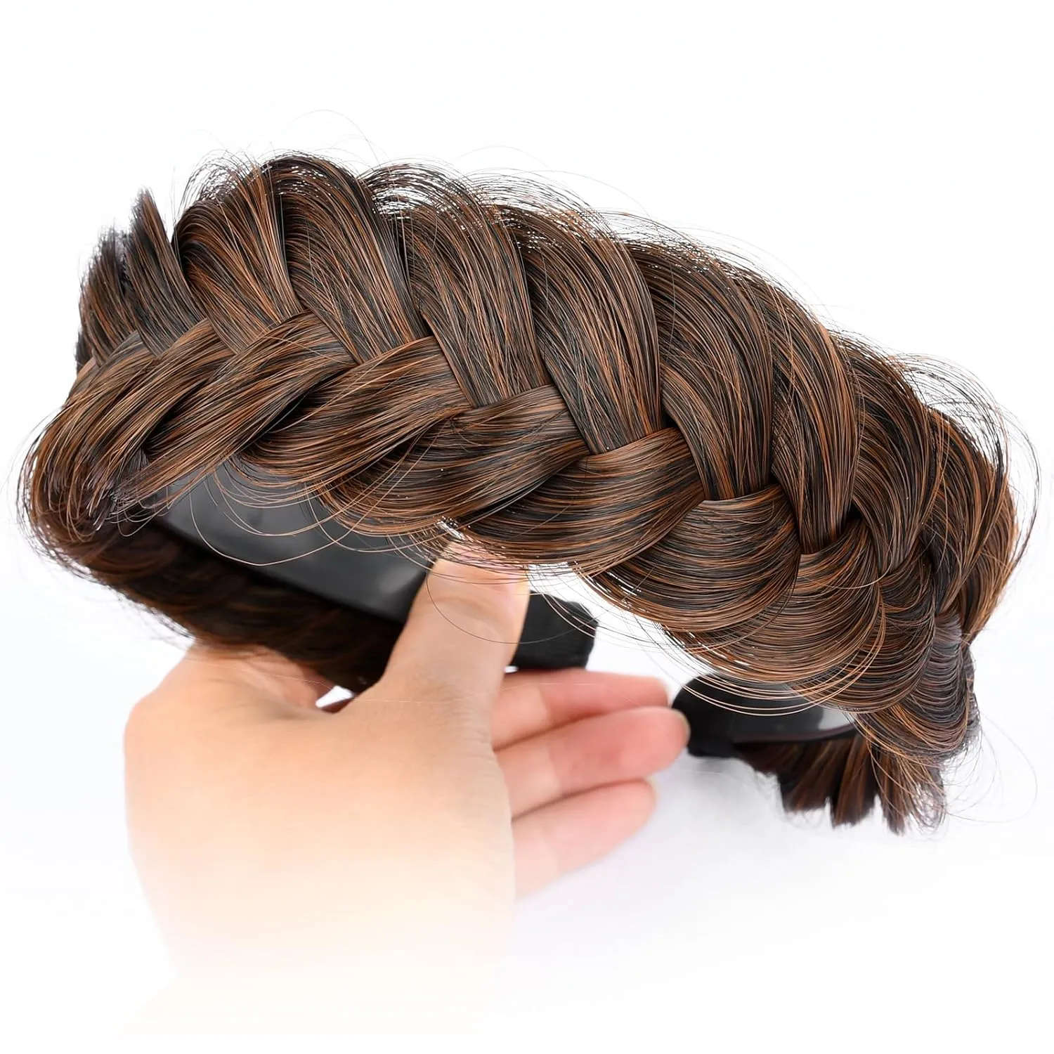 DIGUAN Wide Messy Braided Headband With Teeth Synthetic Hair Plaited Headband High Elasticity Braids Chunky Fishtail Braided Hair Band Hairpiece for Girls Women Beauty Accessory (Auburn)