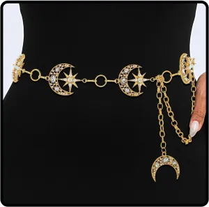 ELABEST Rhinestone Moon Chain Belt Sparkly Star Waist Chain Adjustable Body Jewley for Women Dress Belt Accessory