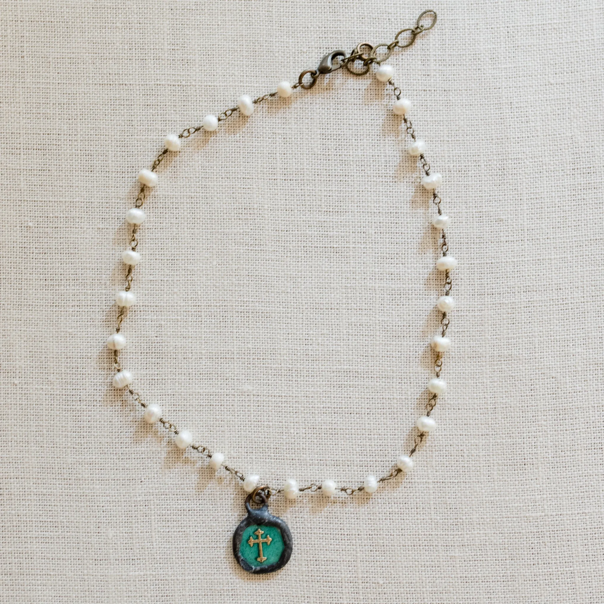Erin Pearl Necklace | Freshwater Pearls & Antique Brass with Green Cross | By Pearly Girls