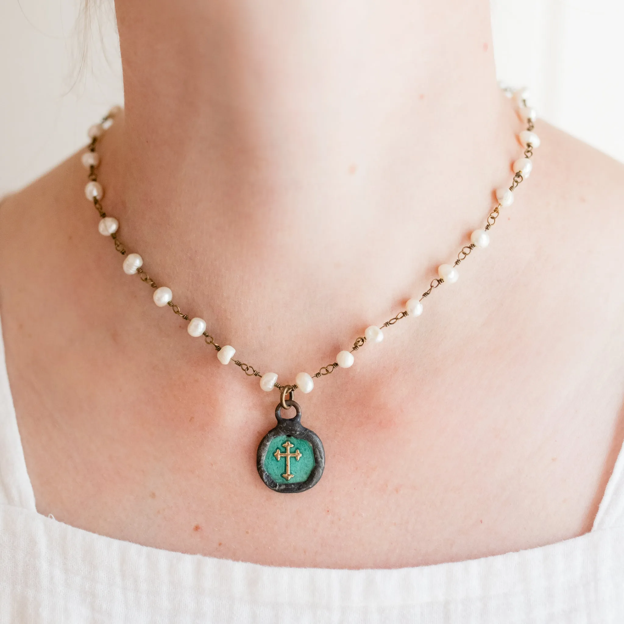 Erin Pearl Necklace | Freshwater Pearls & Antique Brass with Green Cross | By Pearly Girls