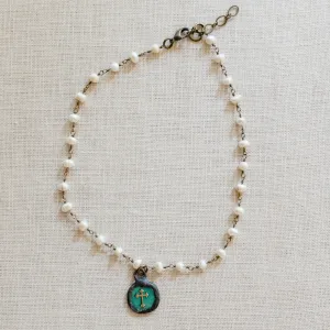 Erin Pearl Necklace | Freshwater Pearls & Antique Brass with Green Cross | By Pearly Girls