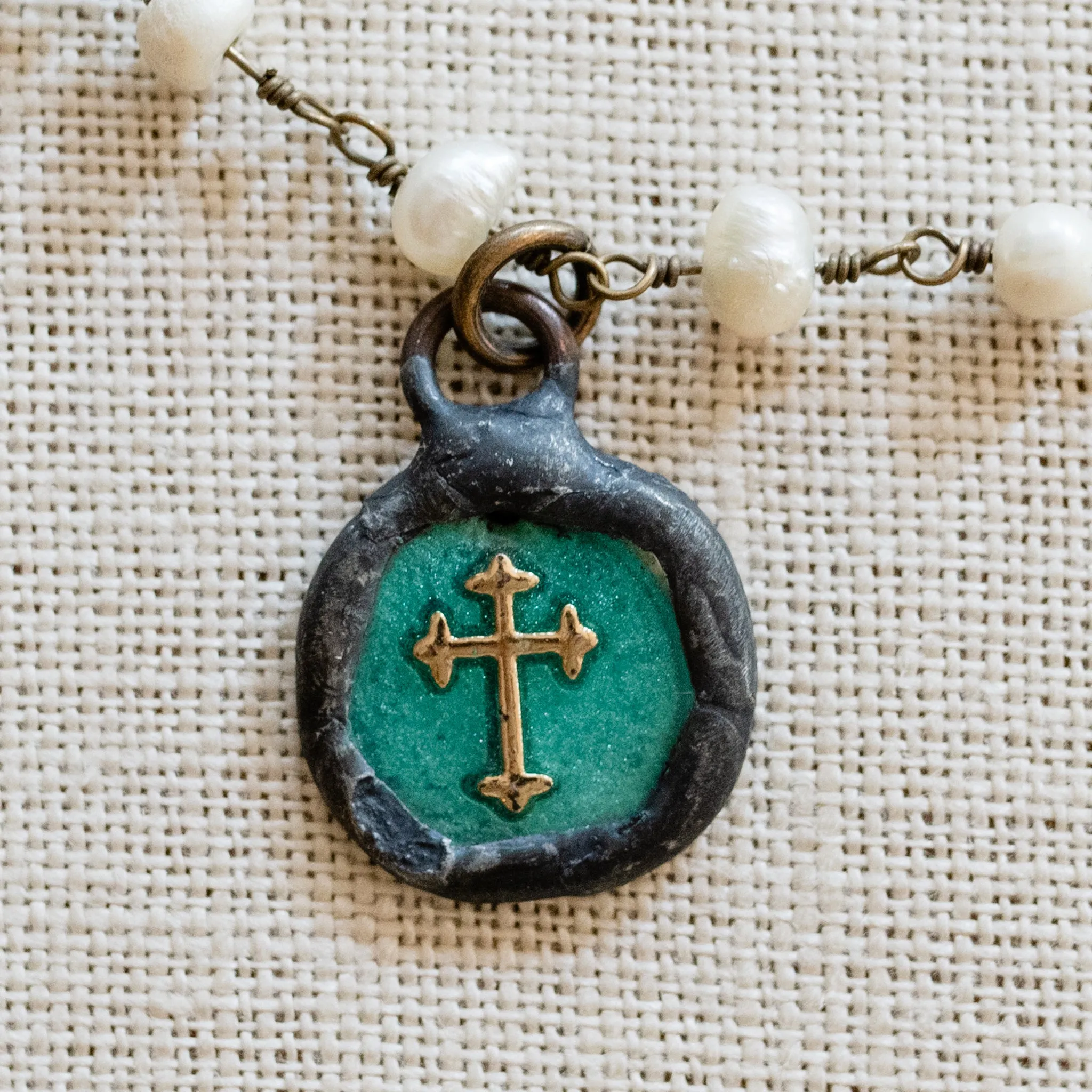 Erin Pearl Necklace | Freshwater Pearls & Antique Brass with Green Cross | By Pearly Girls