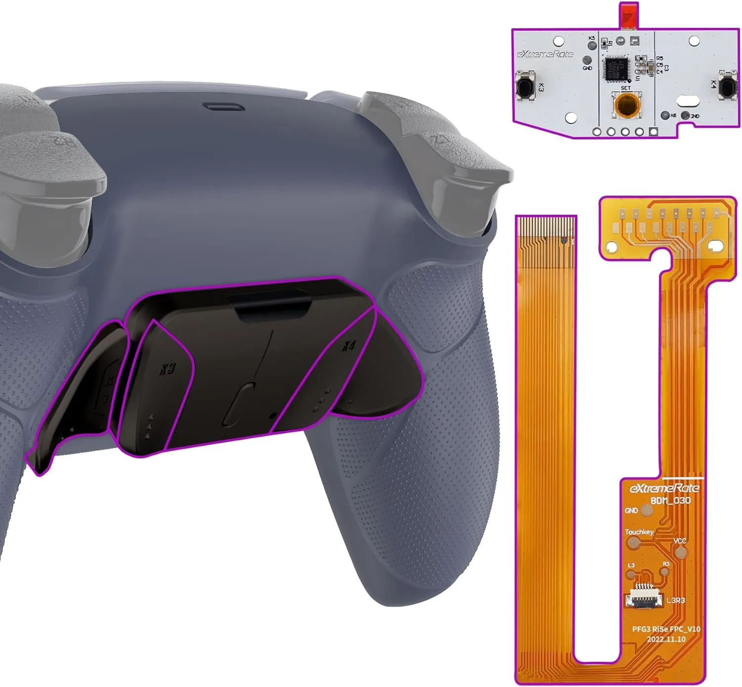 eXtremeRate Real Metal Buttons (RMB) Version RISE4 Remap Kit for PS5 Controller BDM-030 040 with Rubberized Grip Redesigned Back Shell, Upgrade Board & 4 Back Buttons for PS5 Controller