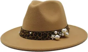 Fashion Leopard Texture Pearl Wool Hat Men and Women Jazz Hat Autumn and Winter Versatile Felt Hat Flat Brim Hat with Leopard Belt Fengyan Cowboy Hats (Color : Camel, Size : 59-61cm)
