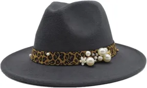 Fashion Leopard Texture Pearl Wool Hat Men and Women Jazz Hat Autumn and Winter Versatile Felt Hat Flat Brim Hat with Leopard Belt Fengyan Cowboy Hats (Color : Dark Grey, Size : 59-61cm)