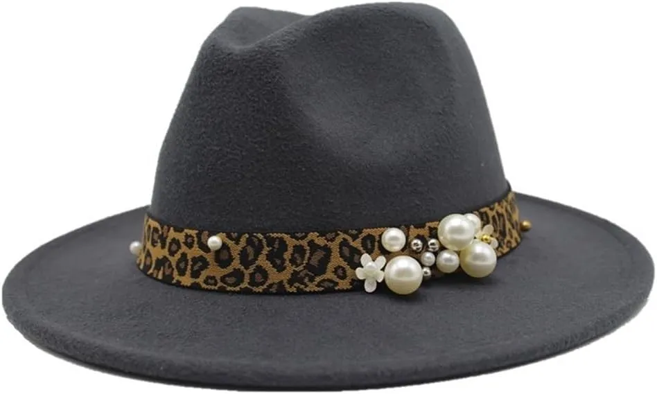 Fashion Leopard Texture Pearl Wool Hat Men and Women Jazz Hat Autumn and Winter Versatile Felt Hat Flat Brim Hat with Leopard Belt Fengyan Cowboy Hats (Color : Dark Grey, Size : 59-61cm)