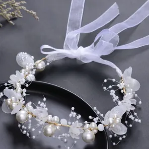Flower Crown Headband for Kids, Pearl Flowers, Wedding Party Accessory, Birthday Gift, Medium, White
